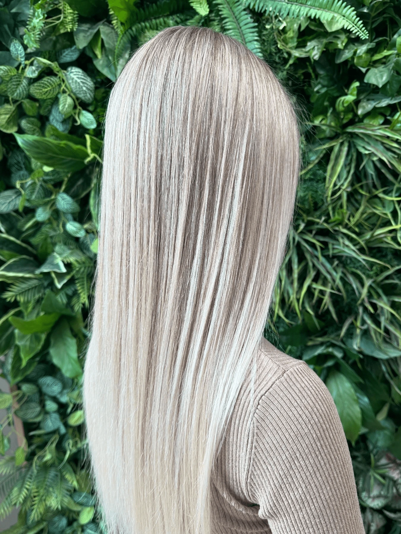 Kreativní barvení: dlouhé rovné vlasy v popelavé blond, kořínky tmavší, v délkách světlejší, hladký povrch (Anna Karaush)